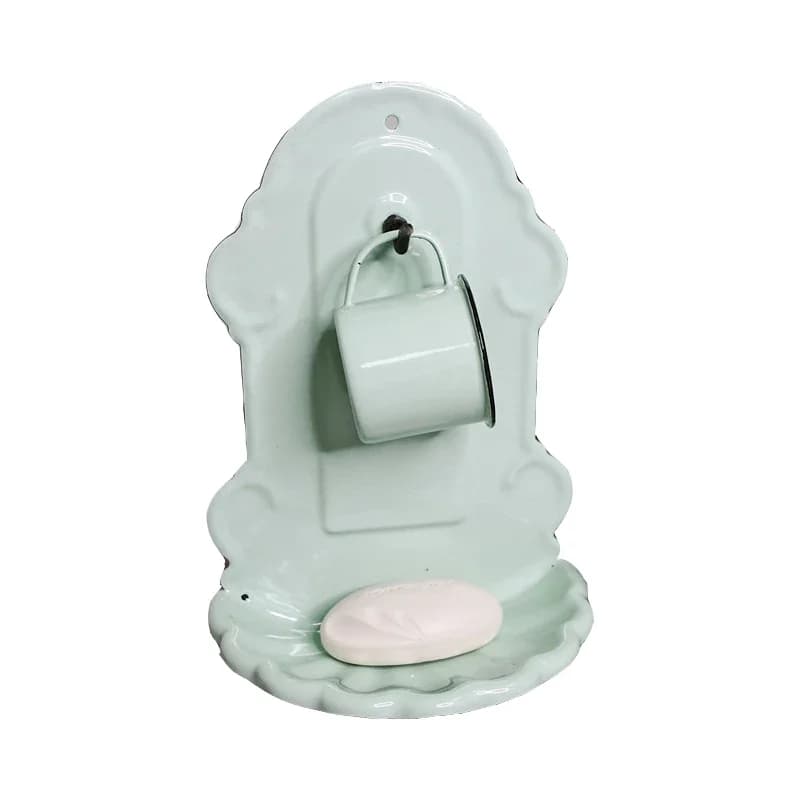 Set di Accessori da Bagno Artigianali Vintage in Smalto con Gancio, Porta Sapone e Bicchiere per Spazzolino da Denti da Appendere