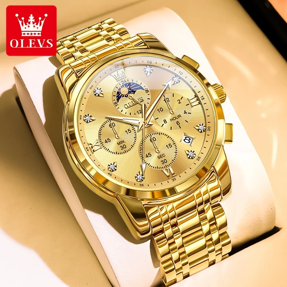 OLEVS 3655 Luxury Men's Watch with Moon Phases and Chronograph, Stainless Steel Quartz Watch Original Bright