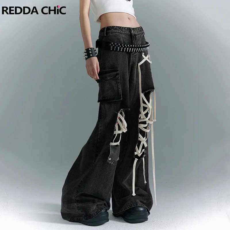 REDDACHiC Jeans Baggy Strappati con Nastro e Tasche Cargo Neri da Donna, Vita Alta, Stile Vintage Grunge Y2K Streetwear