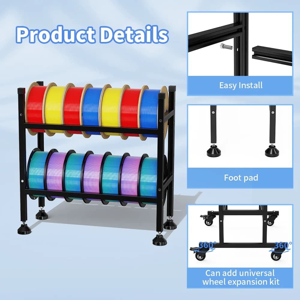 3D Printer Filament Storage Rack for PLA ABS TPU Nylon Heavy Duty Metal shelf 2 layers shelf with 360 ° Swivel wheels