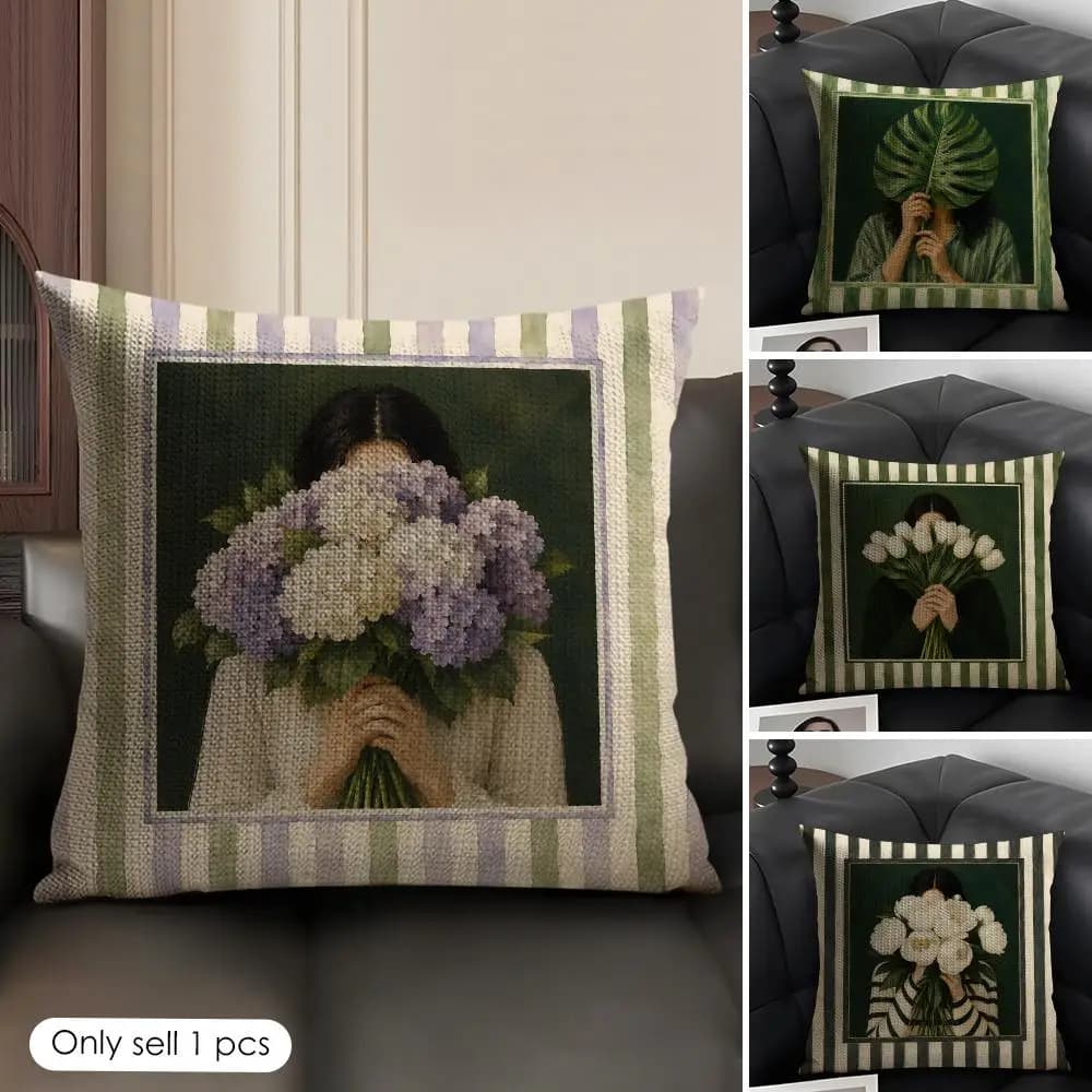 Retro Woman Flower Portrait Cushion Cover Natural Linen Organic Fabric Double-Sided Printing Sofa Home Decor Gift Pillow Case