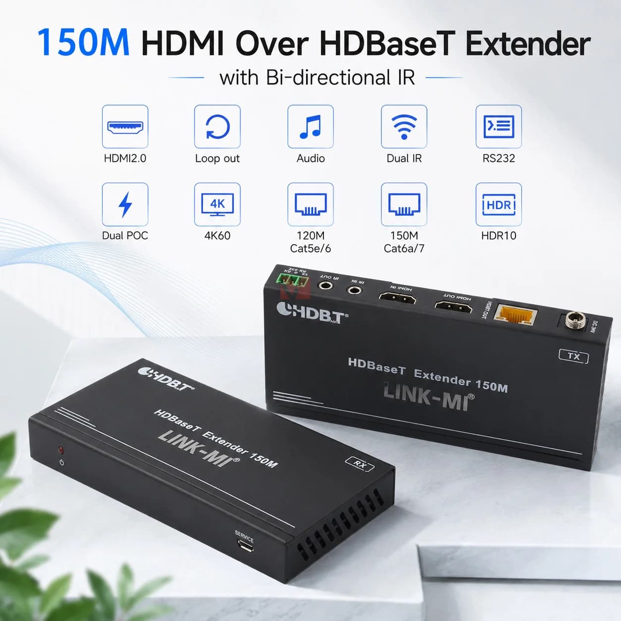 HDBaseT HDMI Extender 18Gbps 4K60Hz 150M Over CAT6 Cable with Bi-Directional IR RS232 HDMI 2.0 Receiver Transmitter Audio
