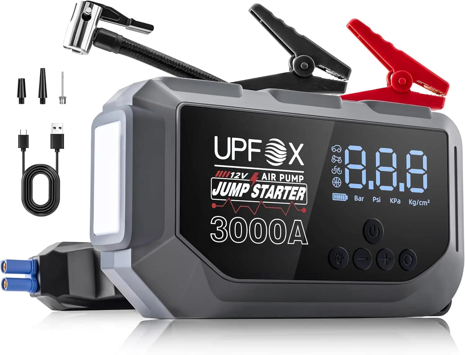 Avviatore di Emergenza 3000A con Compressore d'Aria, Portatile 12V per Motori a Benzina 8.0L e Diesel 6.0L, Gonfiatore Pneumatici 150PSI con Display LED