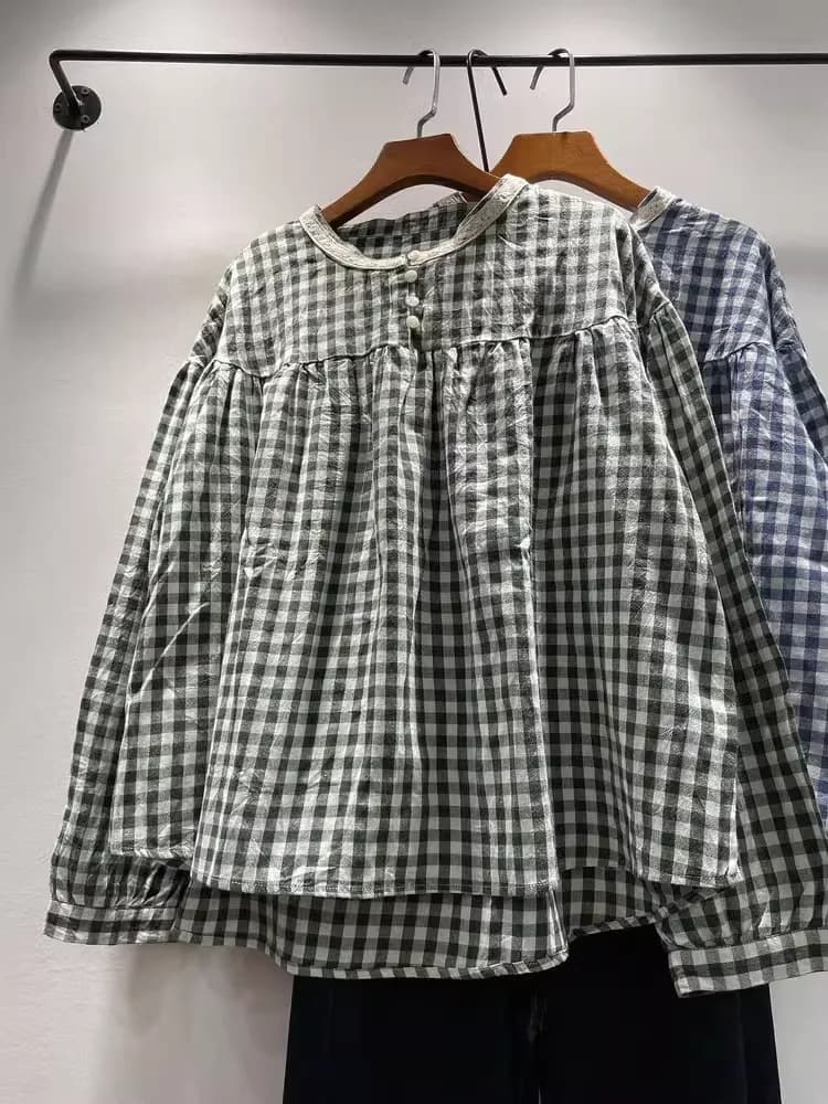 Busto 134 cm taglie forti Top giapponese mori ragazza autunno inverno camicie a quadri in cotone camicette a maniche lunghe da donna pullover allentato