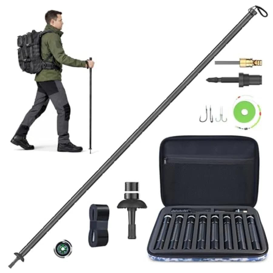 Bastone da Trekking Tattico in Alluminio a 8 Sezioni Regolabili con Vano Porta Accessori, Kit Modulare per Escursionismo