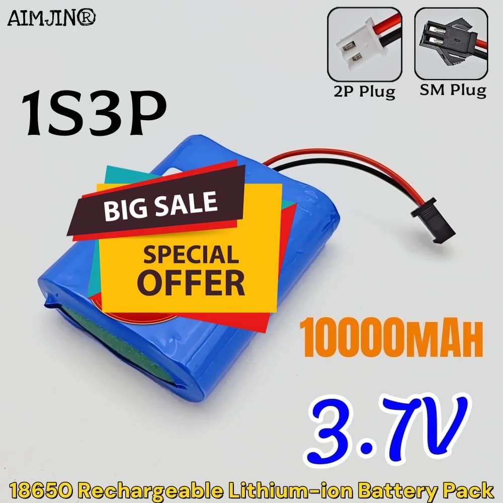 Batteria ricaricabile agli ioni di litio 18650 3.7V 1S3P 10Ah + connettore XH2.54 2P per altoparlante Bluetooth, lettore musicale compatto, fari solari a LED