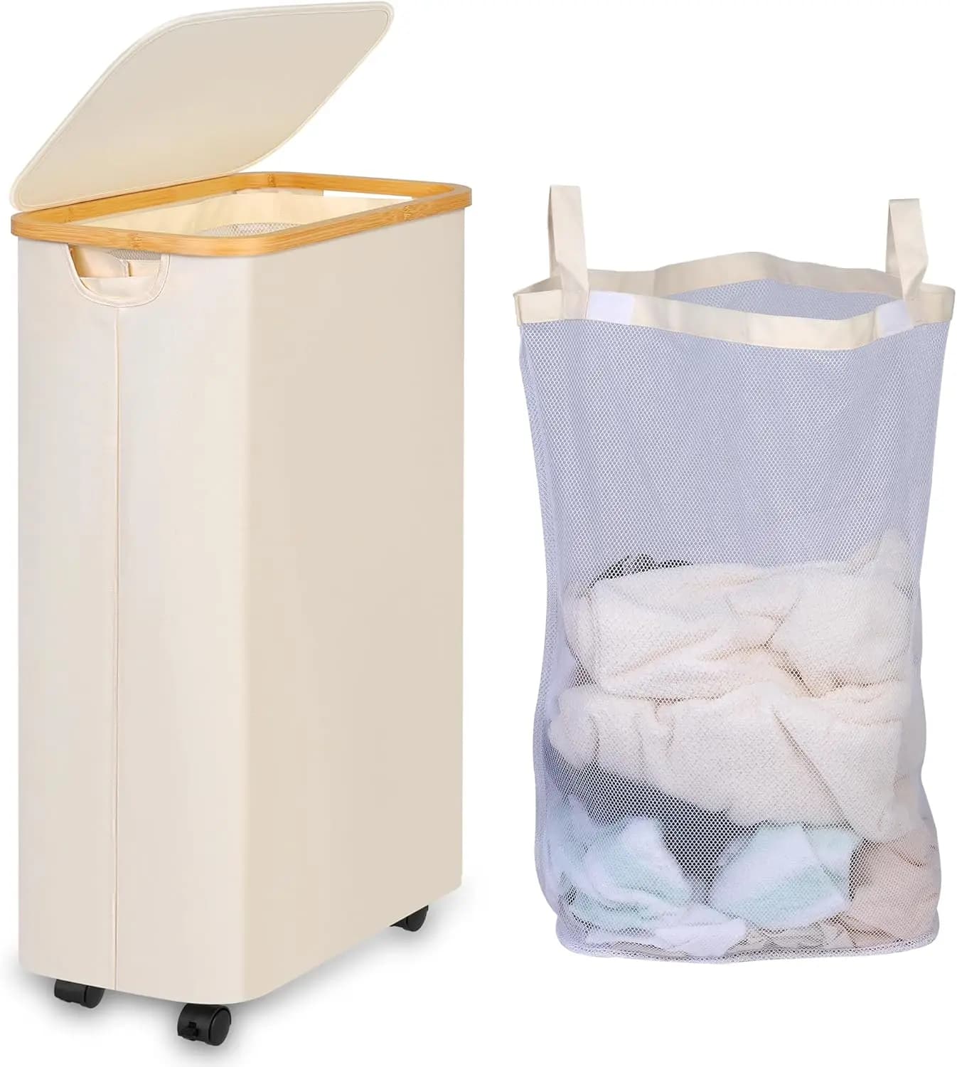 Cesto Portabiancheria con Ruote da 75L con Coperchio e Sacca Interna, Cesto Pieghevole per Camera da Letto, Dormitorio e Lavanderia