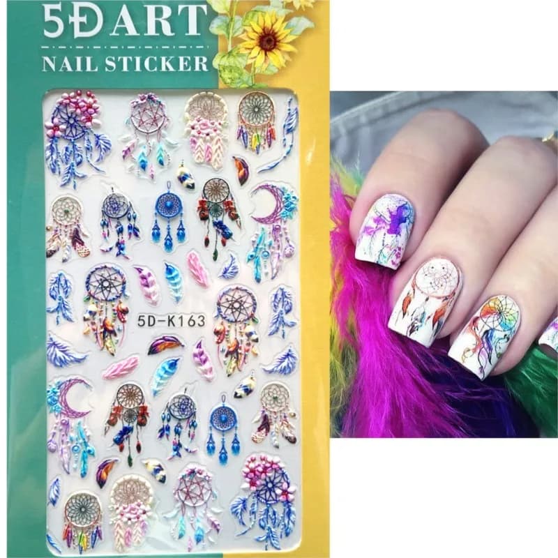 1Pc 5D Embossed Dreamcatcher Nail Art Stickers Tulip Snowflake Dream Catcher Engraved Slider Nail Decals Gel Polish Nail Sticker