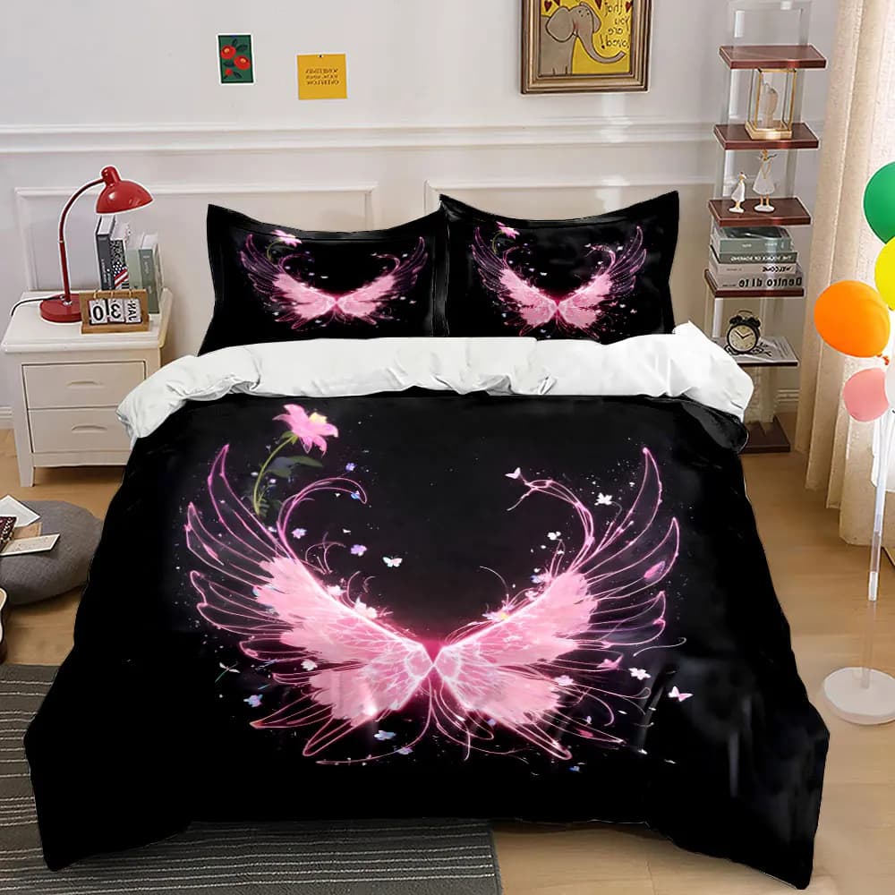 Set di biancheria da letto con ali rosa neon, 3 pezzi, copripiumino con ali di farfalla luminose e stampa floreale + 2 federe, decorazione magica