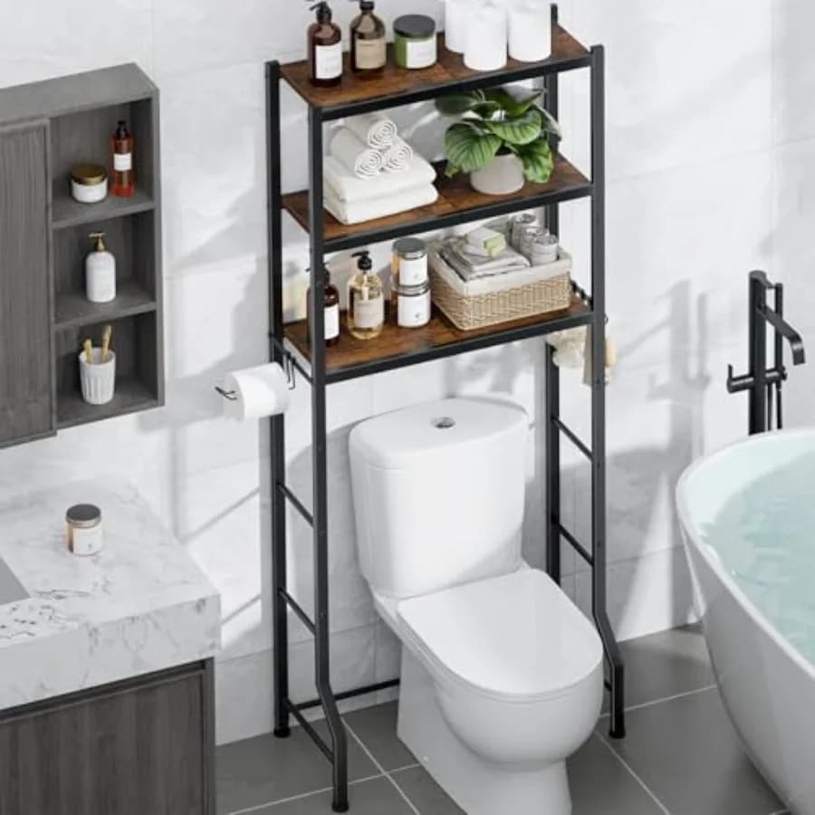Mobiletto portaoggetti da posizionare sopra il WC - Armadietto autoportante con porta carta igienica e ganci, organizer e contenitore per il bagno