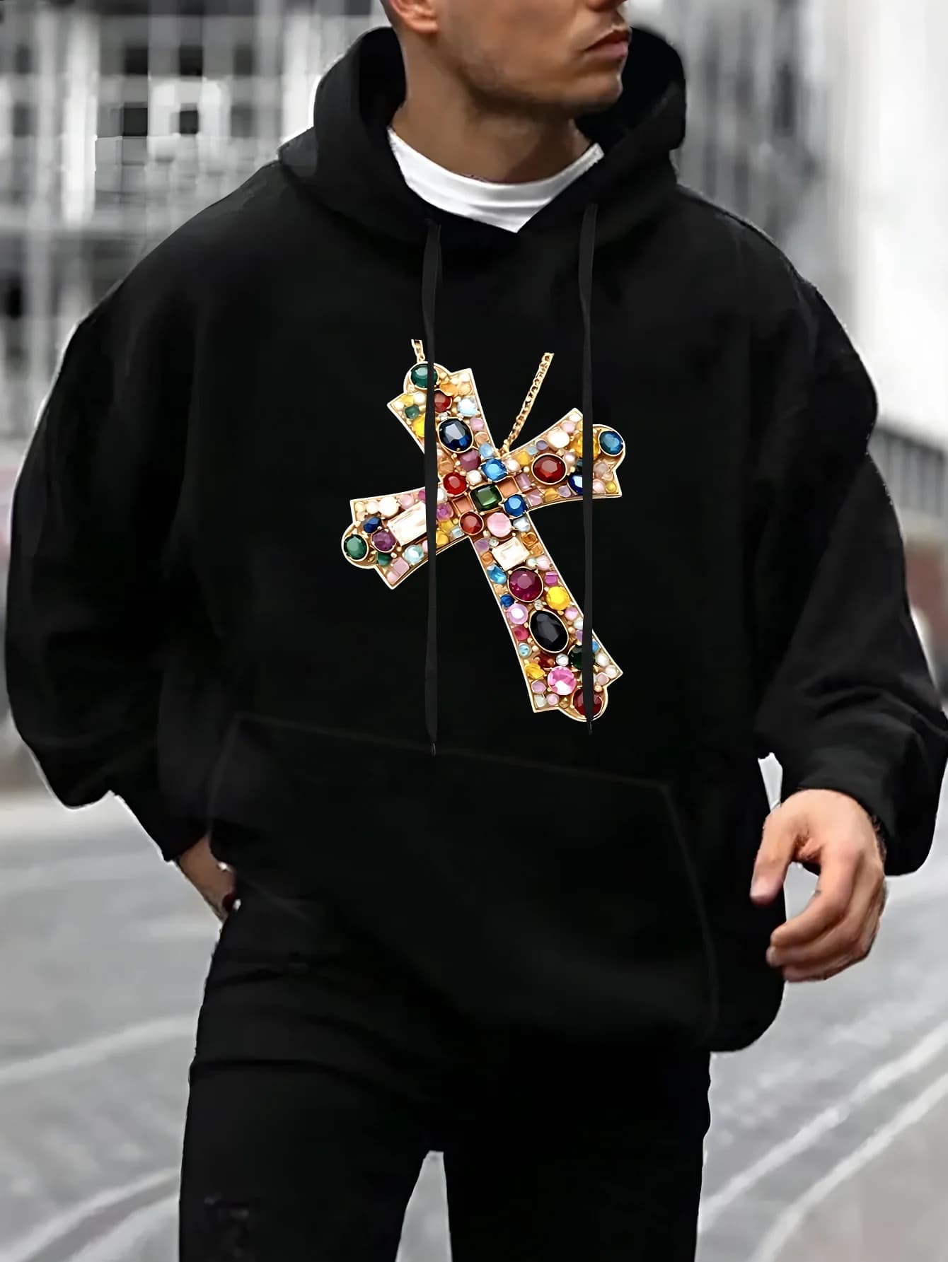 Collana con pietre preziose colorate con stampa alla moda, camicia con cappuccio casual e comoda da uomo, felpa con cappuccio a maniche lunghe alla moda