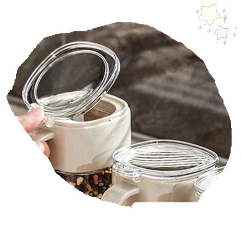 Scatola per condimenti in vetro per uso alimentare con cucchiaio Coperchio ribaltabile trasparente Contenitore per la conservazione della cucina con manico confortevole