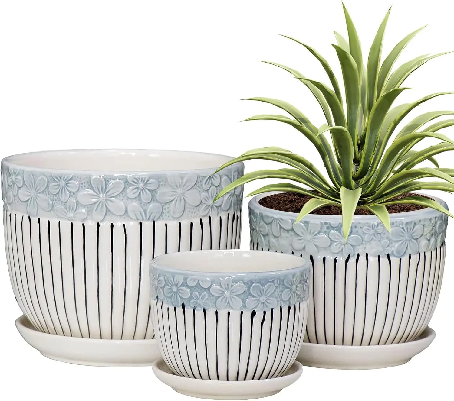 Set di 3 Vasi in Ceramica con Sottovaso, Fioriere Texturizzate per Piante da Interno e Succulente, 6.75/5.6/4.2 Pollici, Decorazione per Casa e Giardino