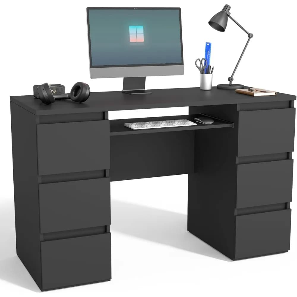 Scrivania per computer con cassetti, scrittoio nero per camera da letto, postazione di lavoro da gioco moderna con portaoggetti e ripiano, studio in legno spesso