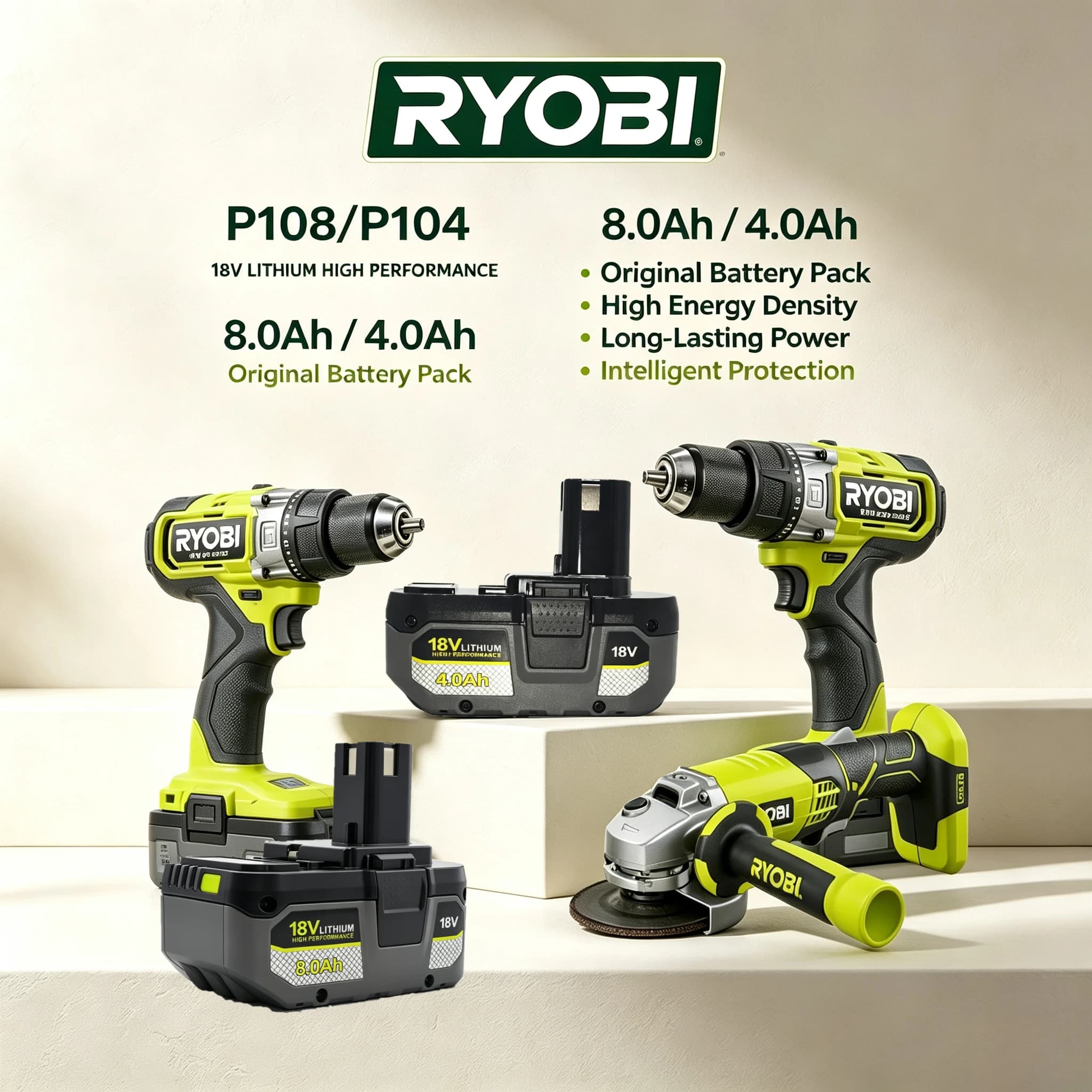 Ryobi ONE+ 18V 8.0Ah Rechargeable Replacement Battery, Li‑ion Fit P103 P105 P107,ONE+ Tool System Match,For Outdoor Construction