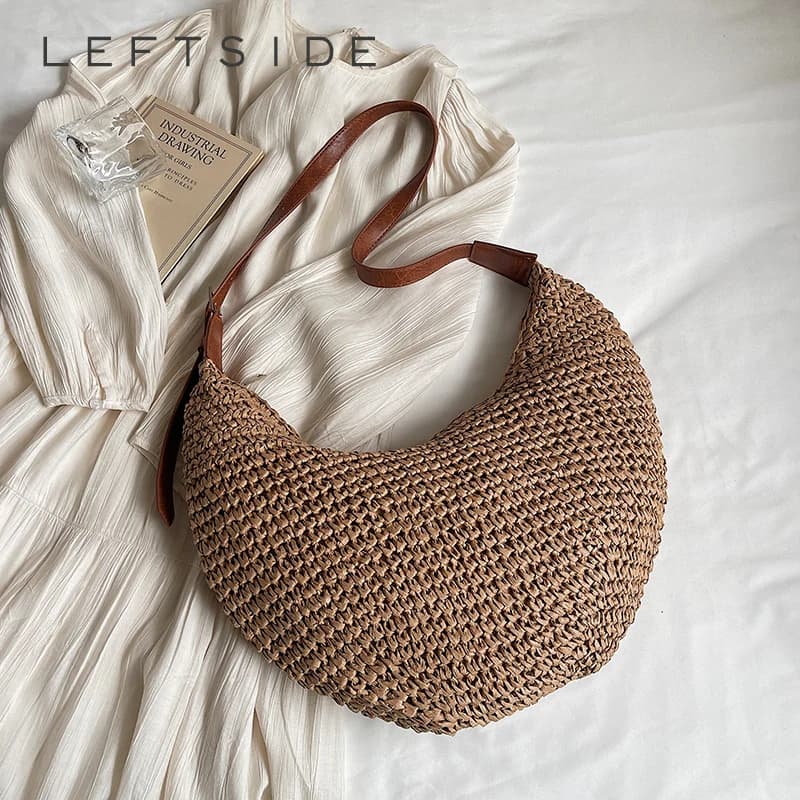 LEFTSIDE Grandi borse a tracolla in paglia intrecciata per le donne 2025 Nuova borsa tote in rafia stile francese estivo Borse da spiaggia per donna Borse