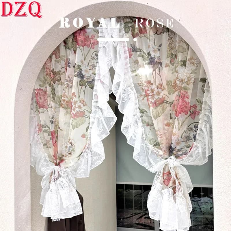 Idyllic Peony Flowers Lace Window Tulle Curtain Living Room Warp Ruffled Rural Gauze Door Curtain for Kitchen Bedroom #A619