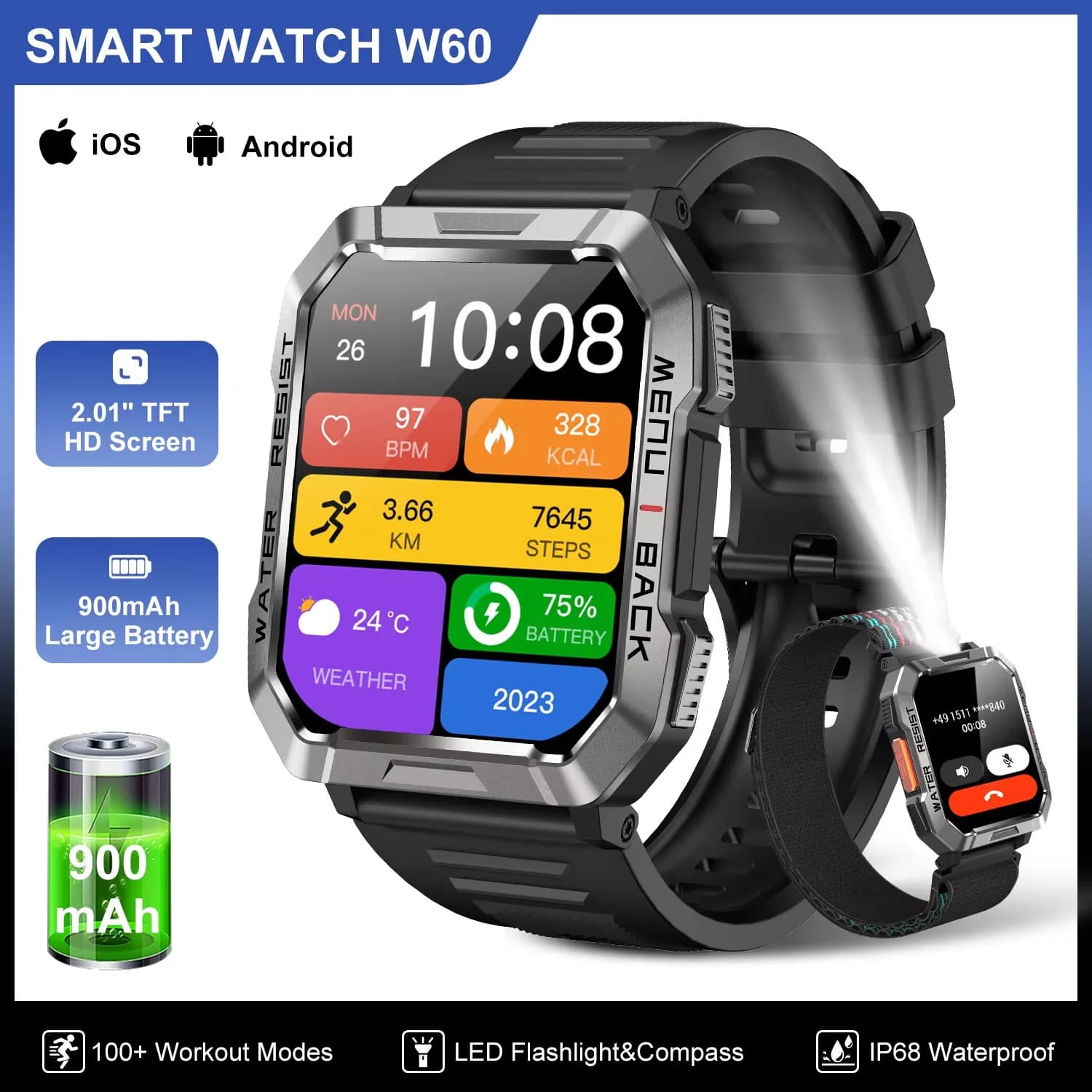 Smartwatch impermeabile Blackview W60 con display HD da 2,01 pollici, batteria grande da 900 mAh, illuminazione di emergenza, orologio per uomo e donna