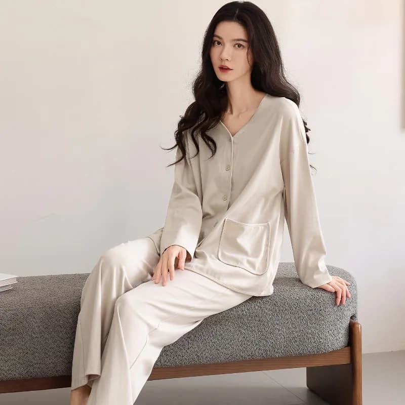 Pantaloni lunghi a maniche lunghe con scollo a V autunnale da donna Set pigiama in cotone Pantaloni larghi casual Gite rilassanti Abbigliamento per la casa