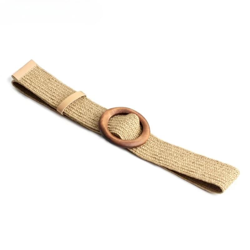 Cintura da Donna Color Kaki, Stile Bohemien, in Paglia Intrecciata, Larga, con Fibbia in Legno, per Abiti da Donna, Accessorio Moda Femminile, Nera