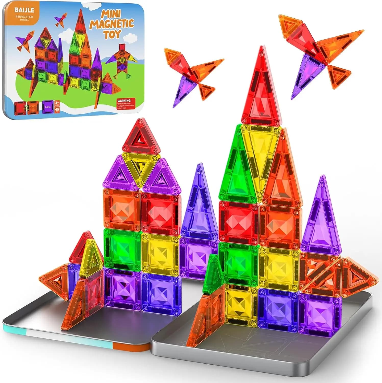 Set da Viaggio di 45 Pezzi di Piastrelle Magnetiche con Motivo a Diamante e Custodia, Giocattoli da Costruzione Portatili per Bambini dai 4 agli 8 Anni