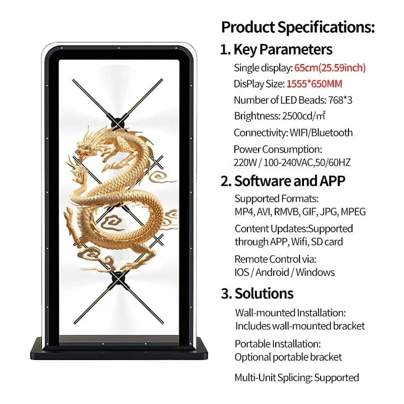 Proiettore Olografico 3D 3*65CM, Attrezzatura Pubblicitaria, Supporto per Display, Schermo di Proiezione Olografica 3D, Ventola LED per Proiezione Digitale