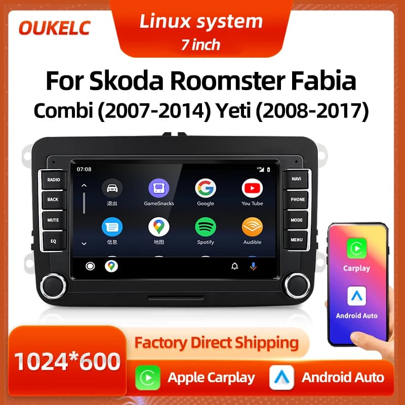 7 "Per Skoda Roomster Yeti Fabia Combi Lettore Carplay Android Auto Radio Navigazione Multimediale BT Schermo Car Play Sistema Linux