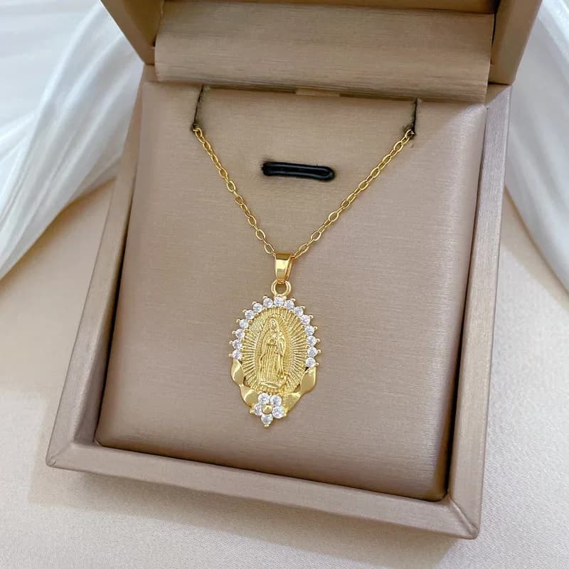 Collane con ciondolo fiore zircone religioso della Vergine Maria con catena in acciaio inossidabile per donna uomo accessori gioielli regali