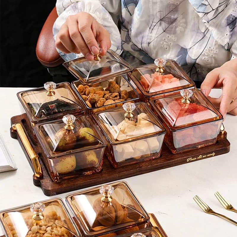 Piatto di frutta secca per uso domestico KTV vassoio di frutta in vetro pannello creativo piatto di frutta secca Dim Sum scatola di caramelle snack posizionato sul piatto