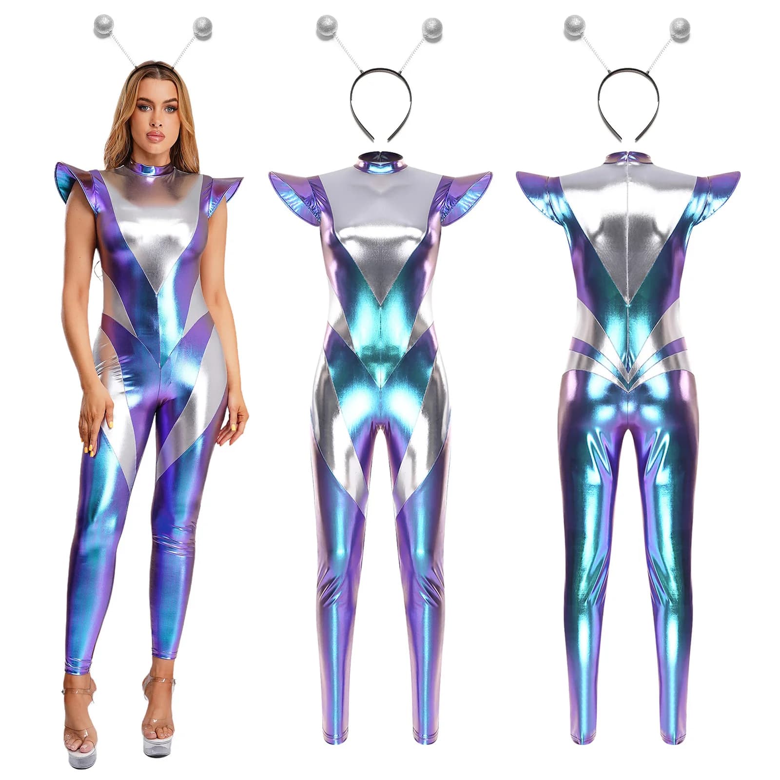 Women Astronaut Alien Halloween Cosplay Costume Shiny Metallic Fly Sleeve Leggings Jumpsuit Hairband Set for Spaced Themed Party