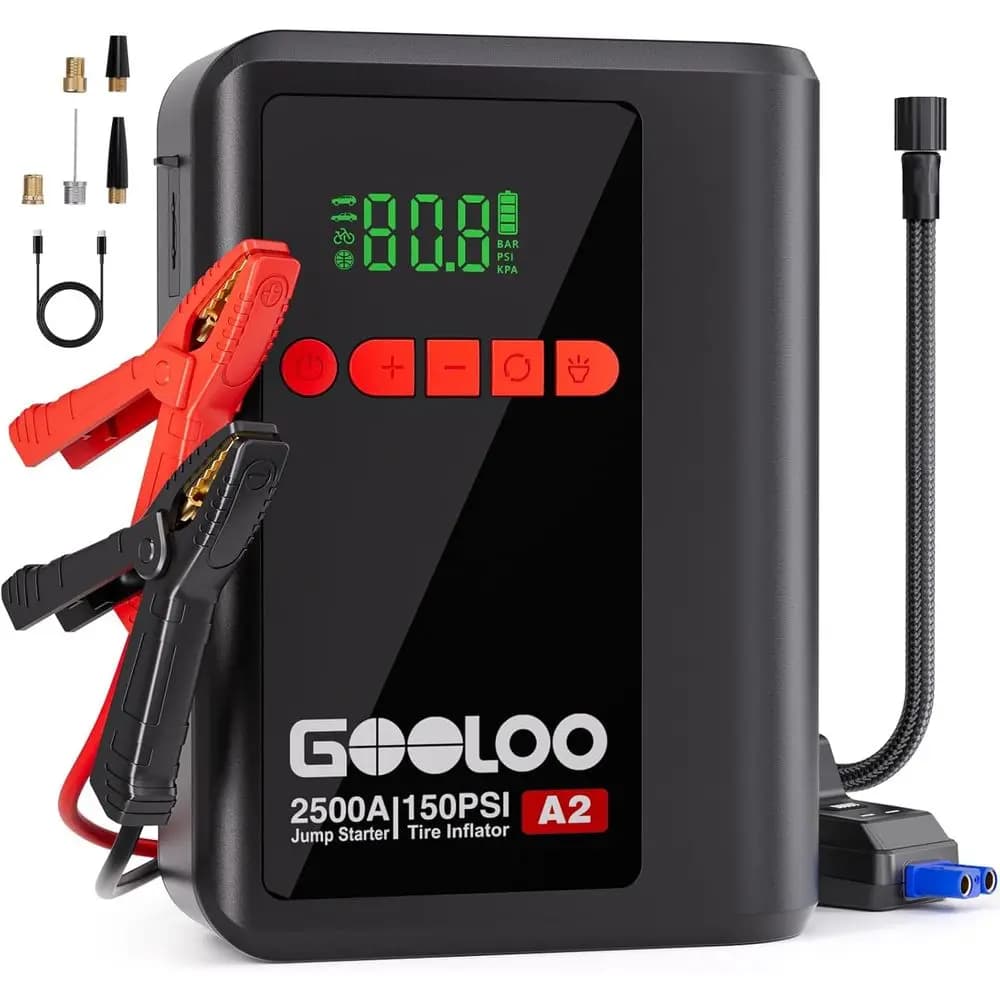Avviatore di Emergenza 8-in-1, Compressore d'Aria, Gonfiatore Pneumatici 150 PSI, Batteria al Litio 12V con Cavi