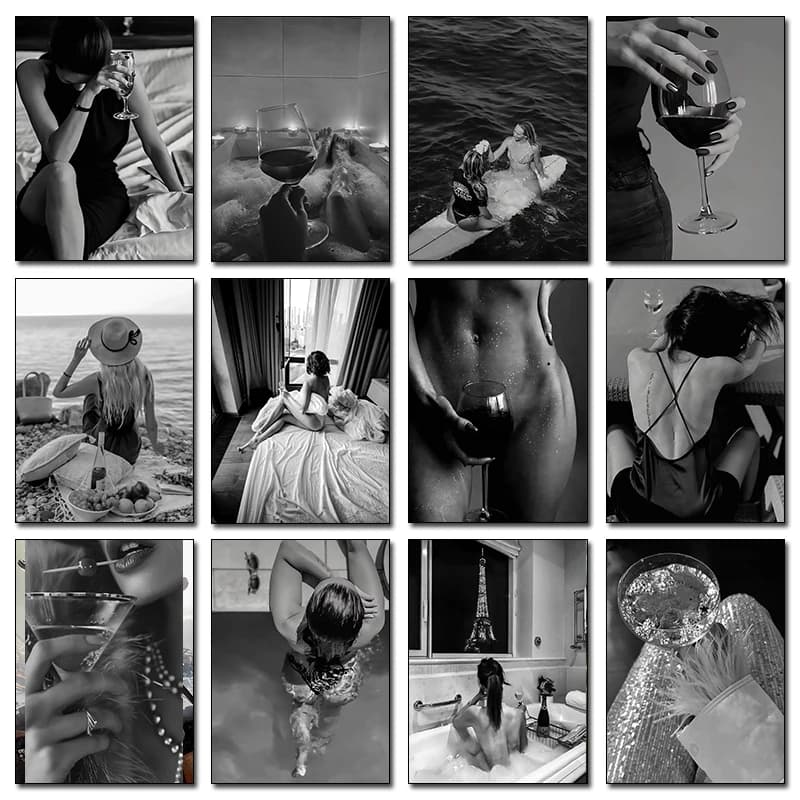 Black and White Woman Drinking Wine Sex Girl Poster Print Canvas Art Pictures Home for Living Room Wall Decor Frameless Painting