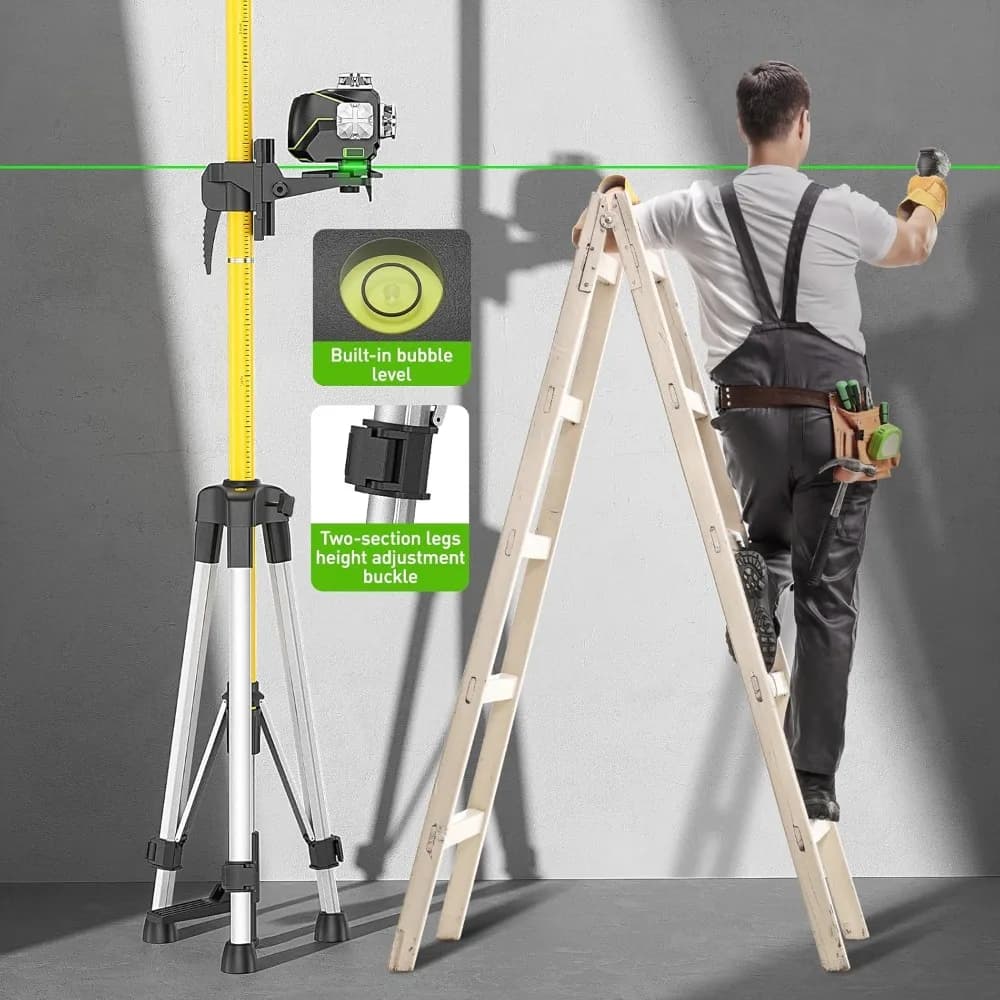 Professional laser level pole with tripod and laser support for rotating and line lasers, adjustable telescopic laser pole