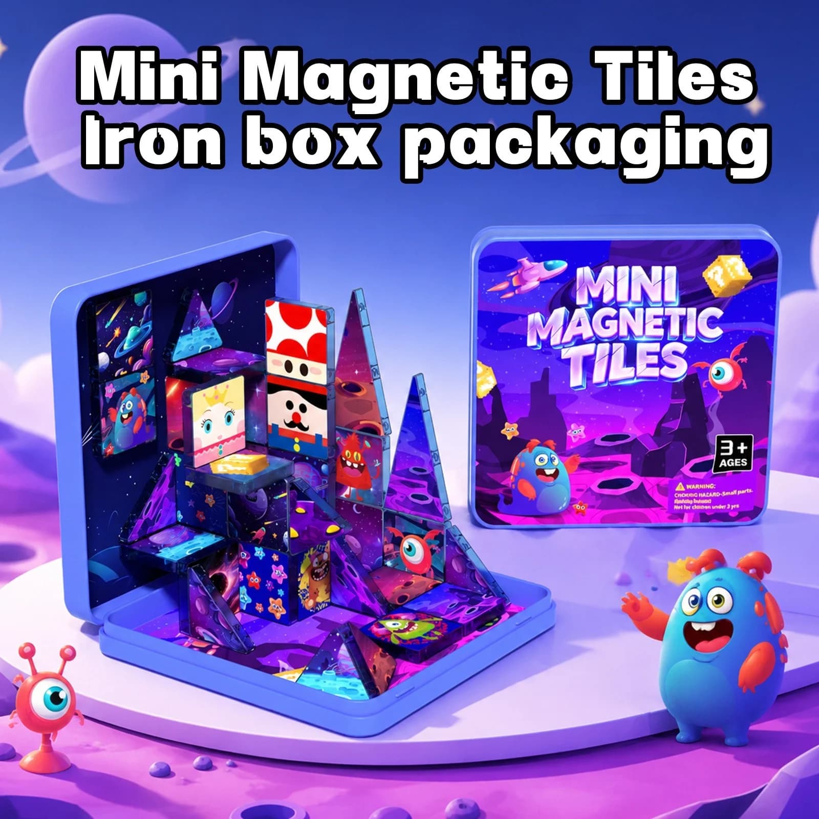 Portable Mini Magnetic Tiles 36Pcs Space Monster Pattern, Iron Box Pack STEM Building Game Educational Travel Toy Halloween Gift