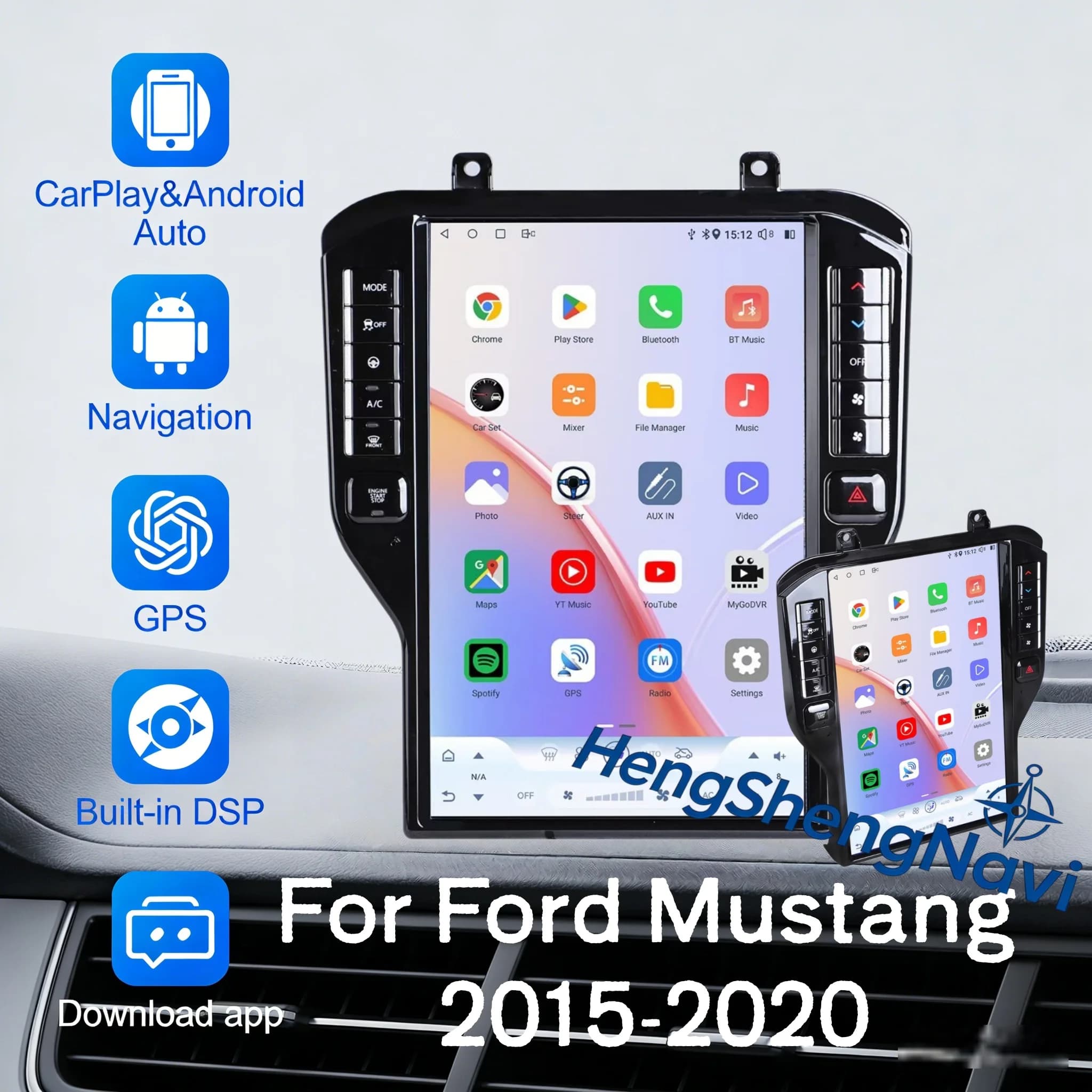 Lettore multimediale di navigazione GPS HS per Ford Mustang GT 2016 2017 2018-2022 Autoradio Android con touchscreen e stereo.
