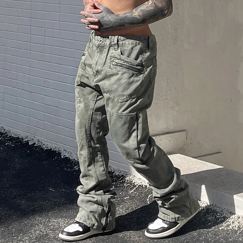 Retro American High Street Men's Jeans Straight Leg Waed Slim Fit Casual Long Pants mid Waist Zipper ket Design