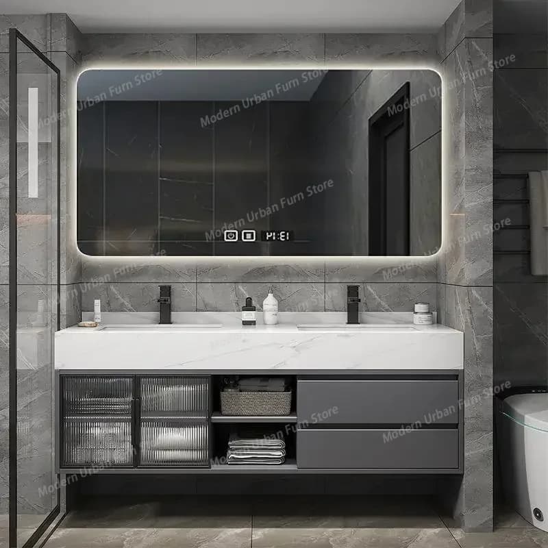 Mobile Bagno con Specchio e Doppio Lavabo Integrato in Ceramica, Divisori per Bagno, Arredamento per Hotel