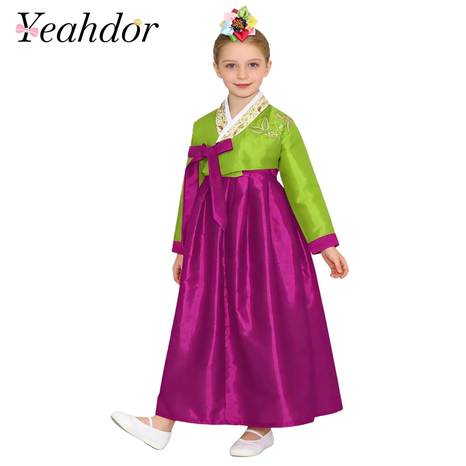 Completo Hanbok coreano per bambine, top ricamato con gonna lunga allacciata, set Hanbok per feste di compleanno e matrimoni