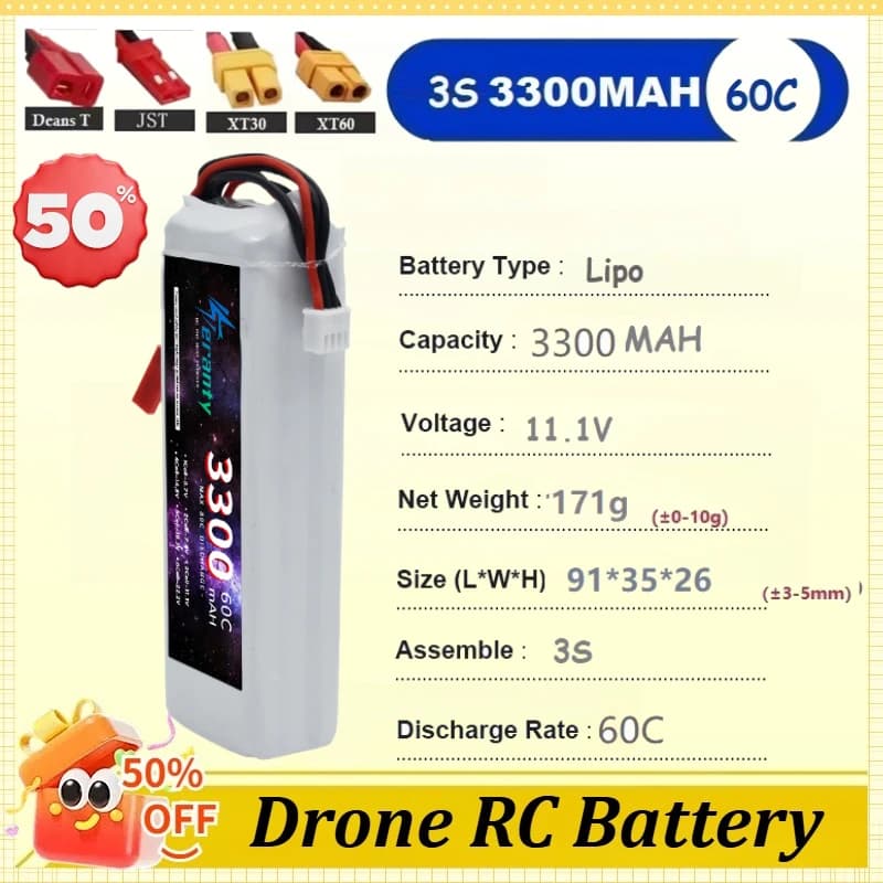 Batteria Lipo 3S 3300mAh 11.1V 60C per Droni RC FPV, Aerei, Barche, Elicotteri con Connettori XT60, DEANS, T Plug, XT30, JST
