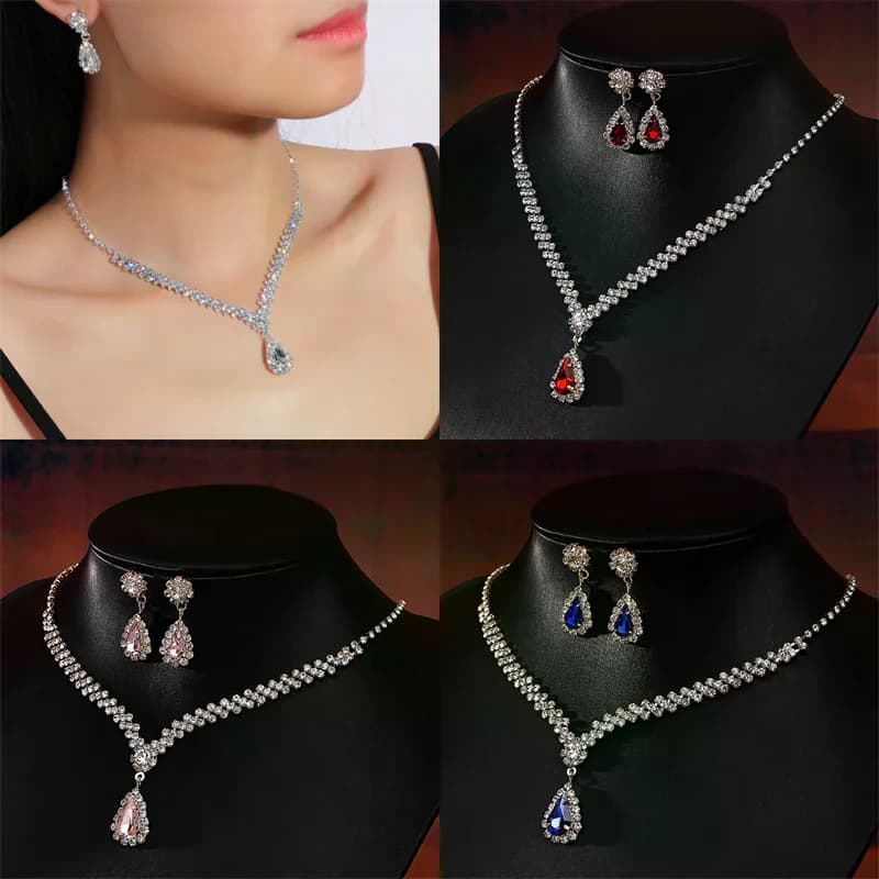 1 set di orecchini per collana da sposa, set di gioielli scintillanti in stile gioielli con strass a forma di goccia d'acqua per il regalo della festa nuziale