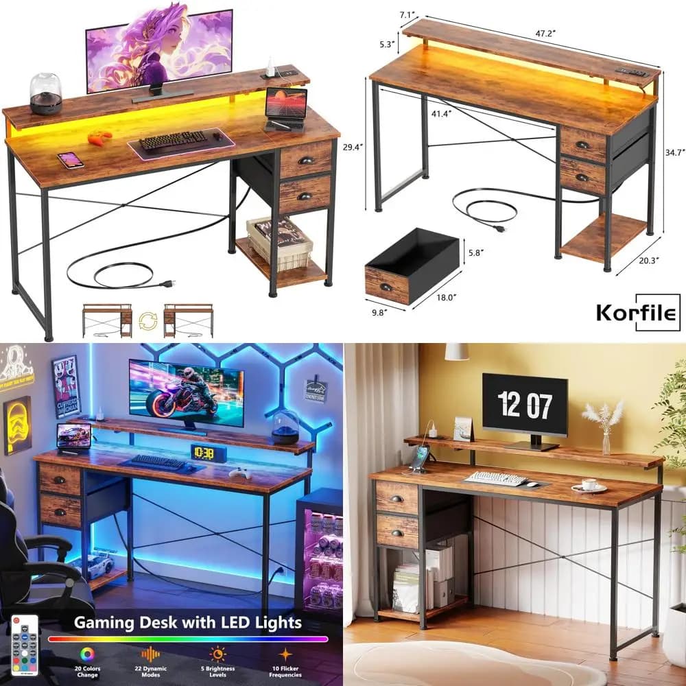 55 inch LED illuminated computer desk with power sockets, storage drawers and monitor support for writing work at home