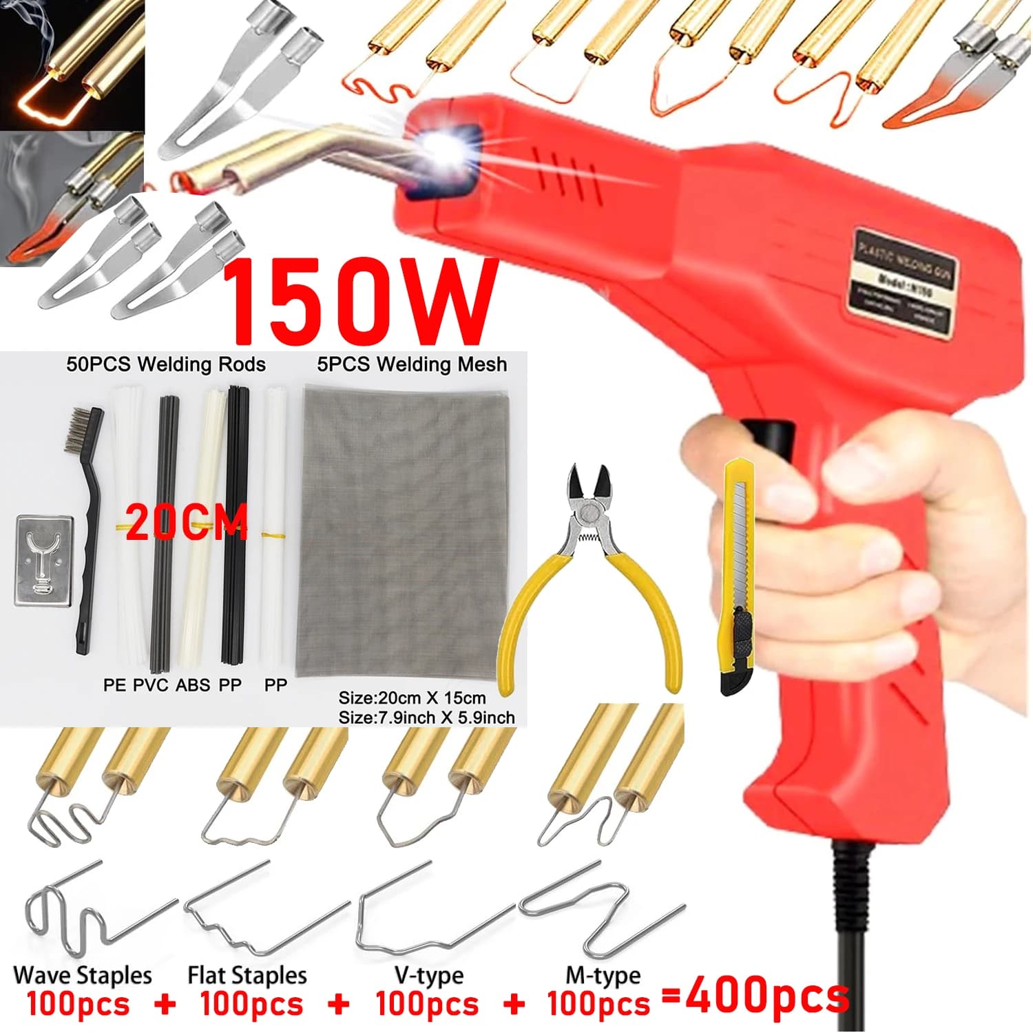 Saldatore di plastica aggiornato da 150 W 2 in 1 Kit di saldatura di plastica Saldatore di riparazione di plastica Cucitrice a caldo Aste per pistola per saldatura Riparazione paraurti auto