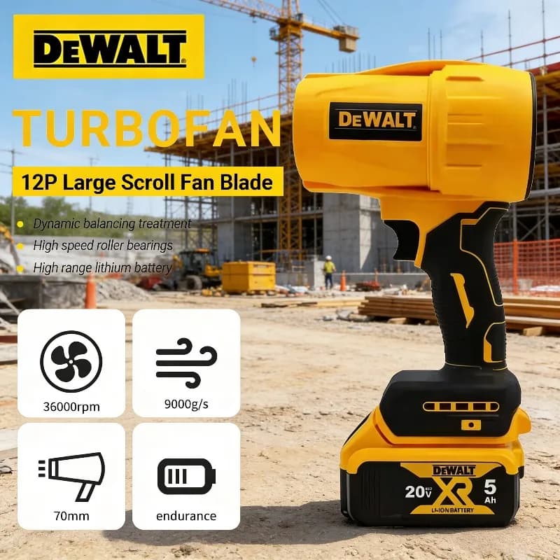Dewalt portable hair dryer, wireless handheld fan, 20,000 RPM, hair dryer with brushless turbo fan, rechargeable tool for dust removal