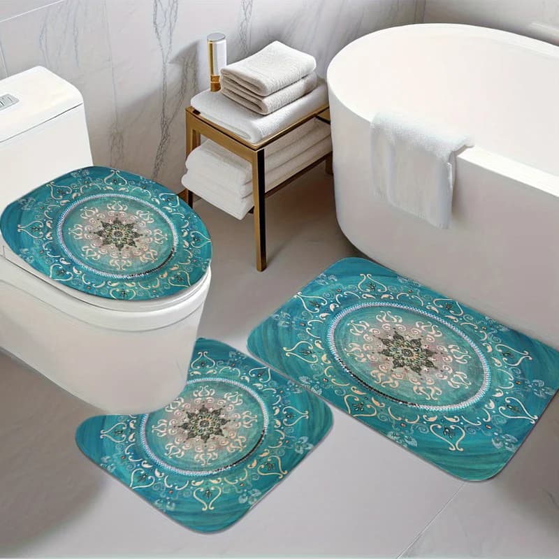 Set da Bagno Mandala Teal Tre Pezzi: Tappetino, Copriwater e Tappeto a U in Flanella Morbida Antiscivolo per Uso in Bagno