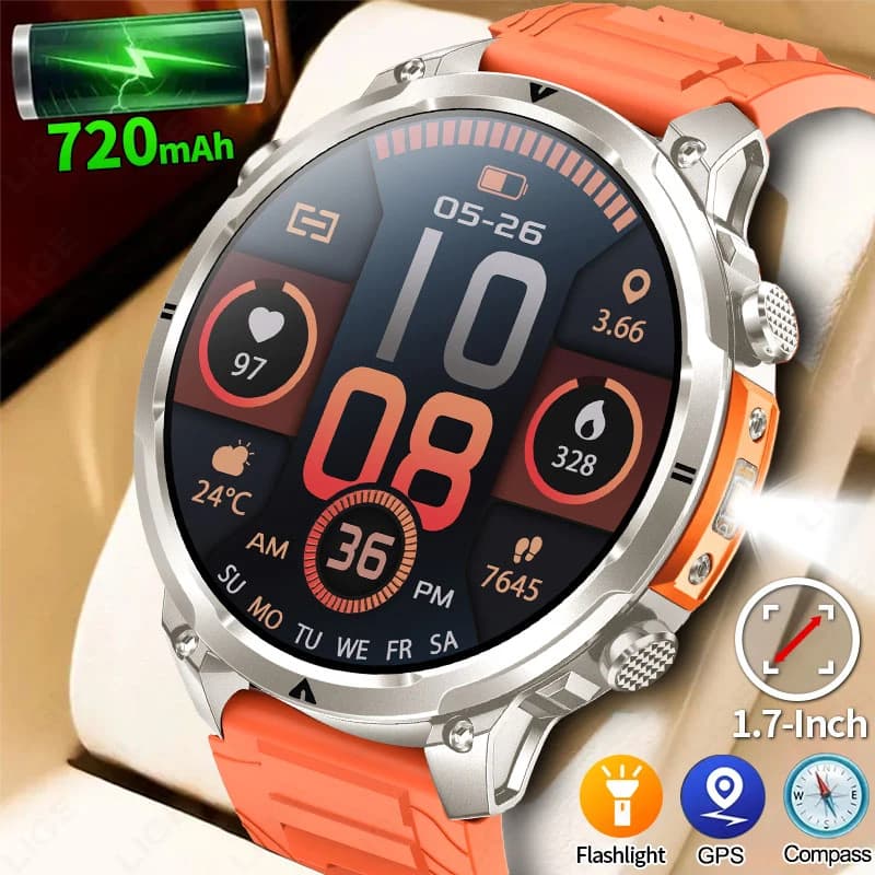 LIGE New Outdoor GPS Smart Watch Men 720mAh Battery 1.7"HD Screen Bluetooth Call Waterproof Flashlight Sports Compass Smartwatch