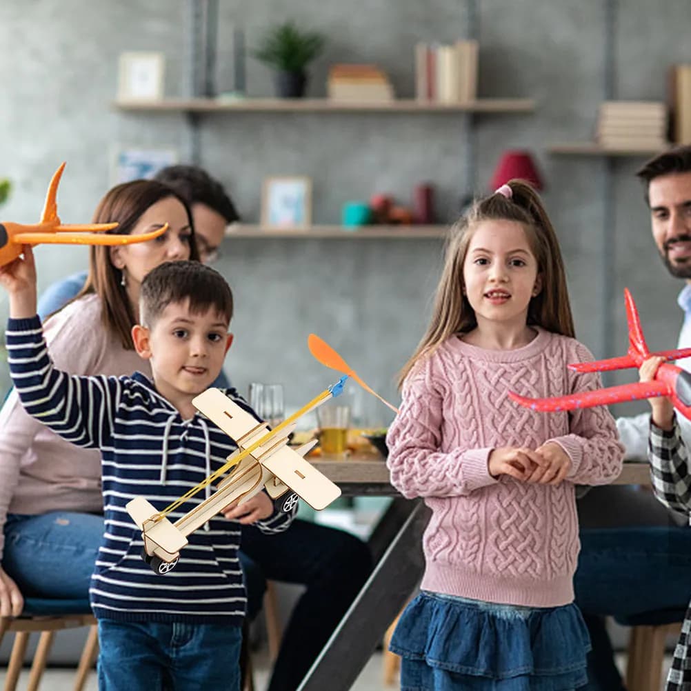 2 Set di Catapulte Manuali con Aeroplani in Legno, Giocattolo Educativo da Esterno per Bambini, Modello di Aeroplano in Legno da Assemblare