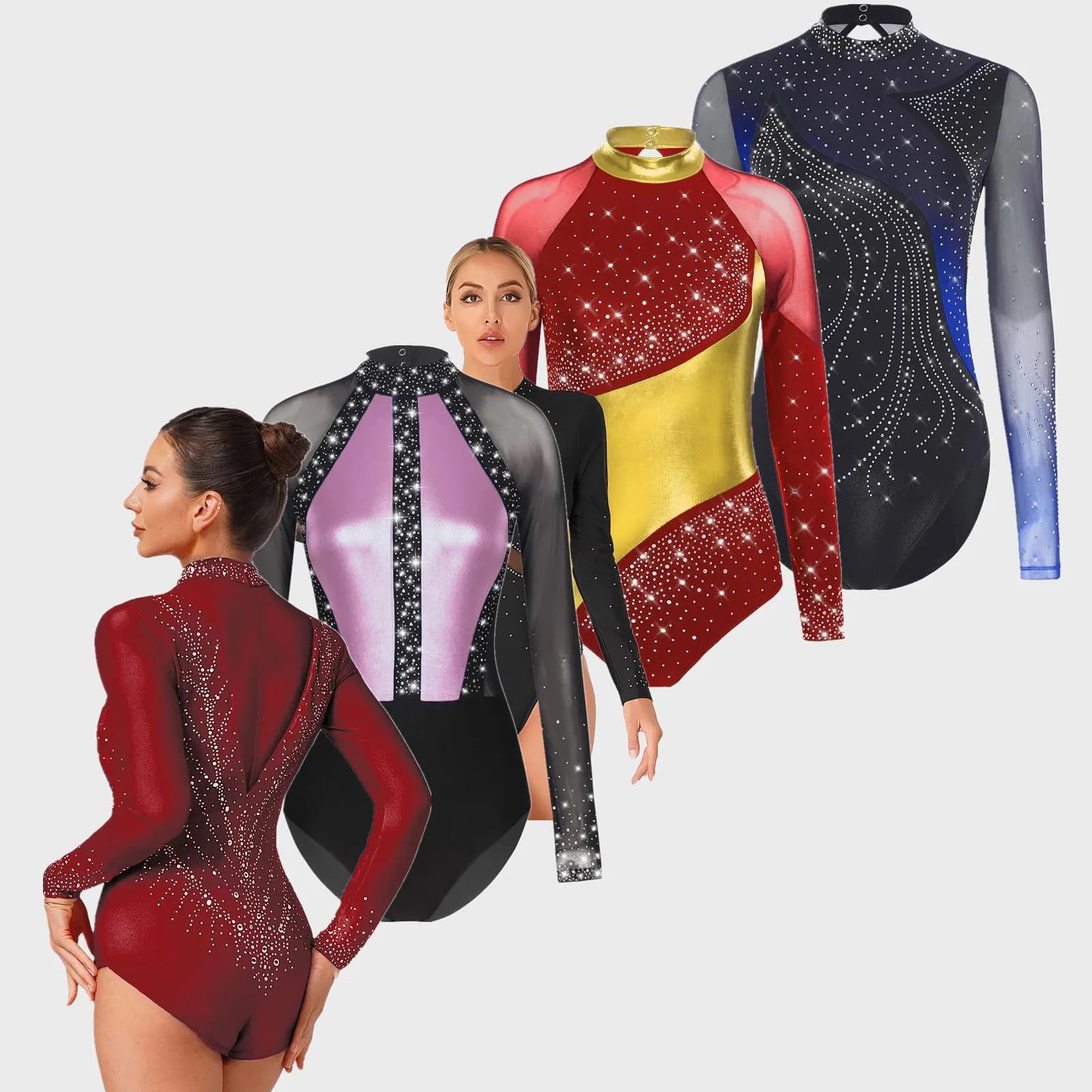 Costume da ginnastica da donna, pattinaggio di figura, costume da balletto metallizzato, body da danza, body con strass lucidi