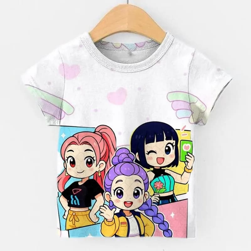 Nuova T-shirt a maniche corte con stampa KPOP per ragazze 2026, maglietta grafica con cartoni animati, top estivo per bambini con stampa 3D traspirante e confortevole