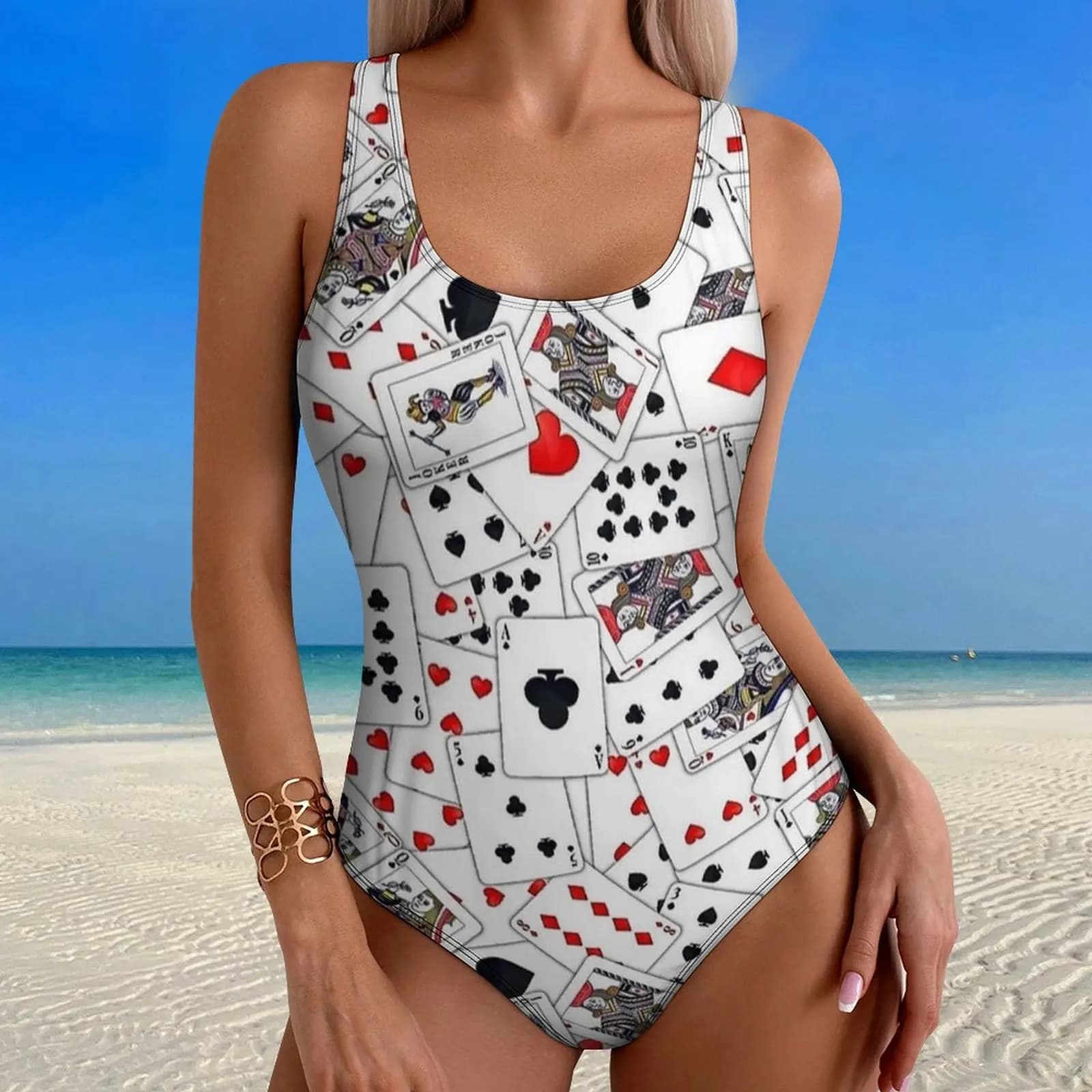 Vintage Playing Cards Print Swimsuit One Piece Swimwear Push Up Trend Bathing Suit Sexy Vacation Bath Custom DIY Swimsuits
