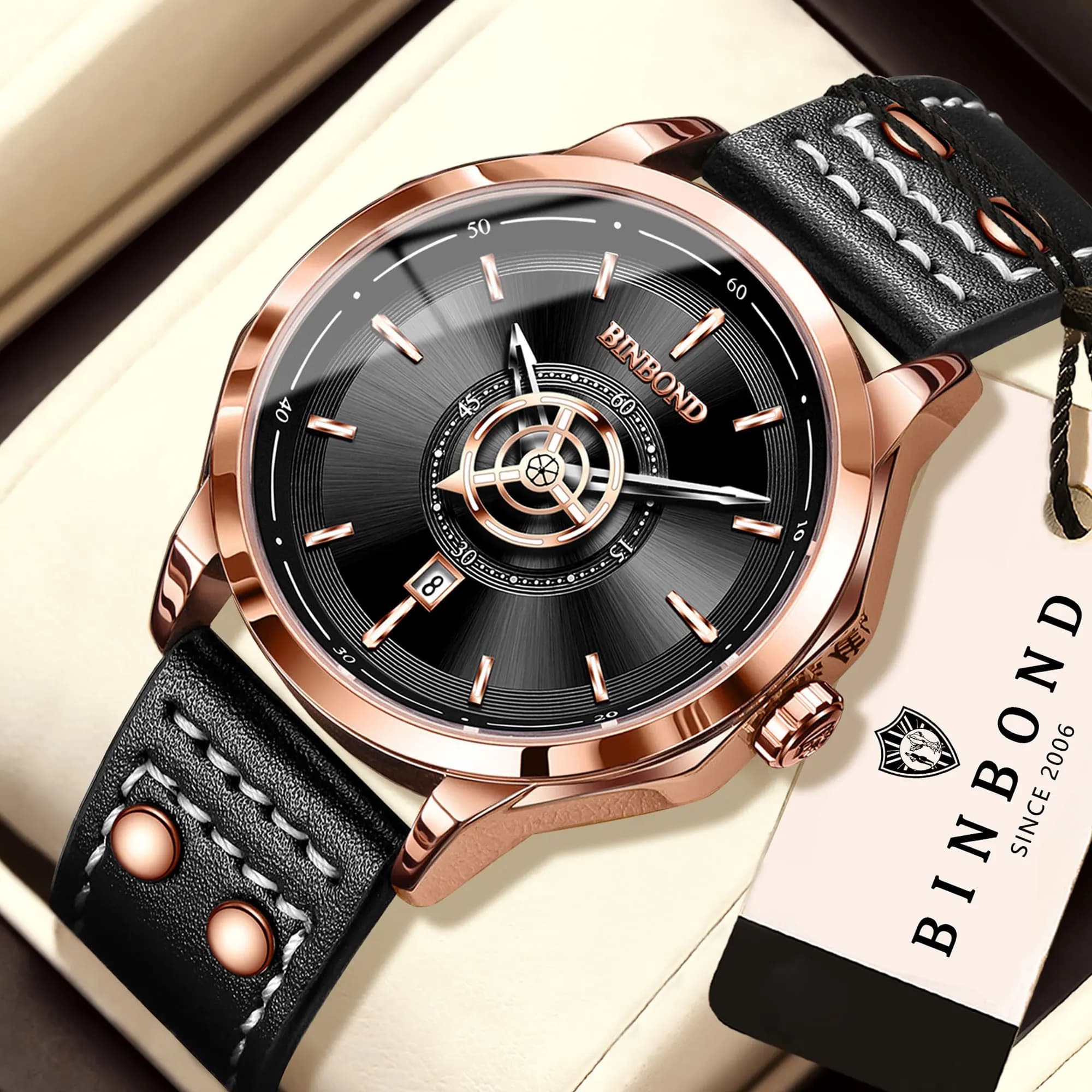 BINBOND Luxury Auto Date Sturdy Real Leather Men's Watch Casual Reloj Luminous Waterproof Accurate Quartz Wristwatches For men
